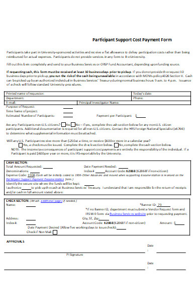 university participant support cost payment form