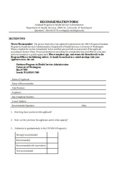 university recommendation form