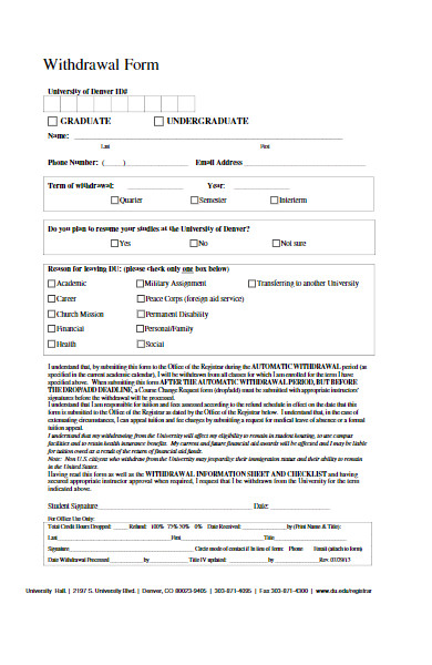university withdrawal form