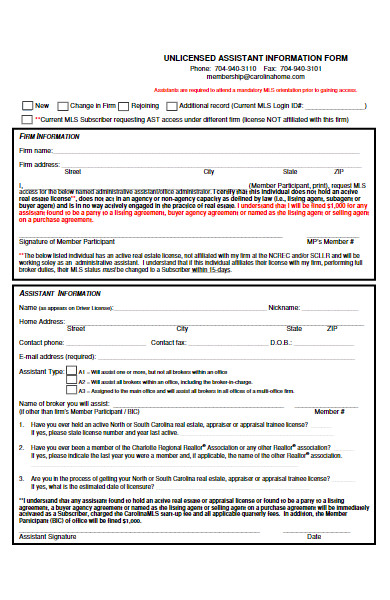 unlicensed assistant information form
