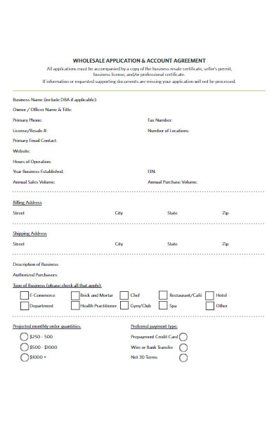 wholesale application account agreement form