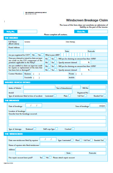 windscreen breakage claim form