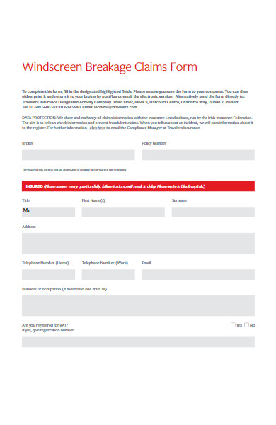 windscreen breakage claims form example