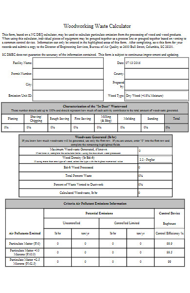 wood working waste calculator form