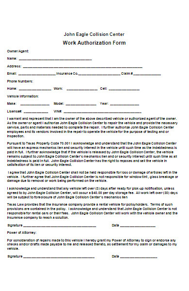 work authorization form