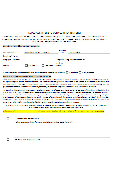 work certification form