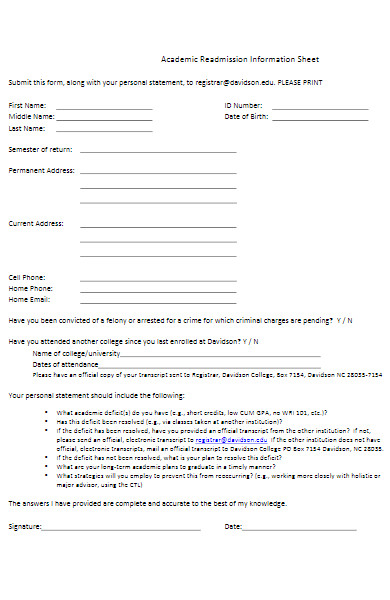 academic readmission information form