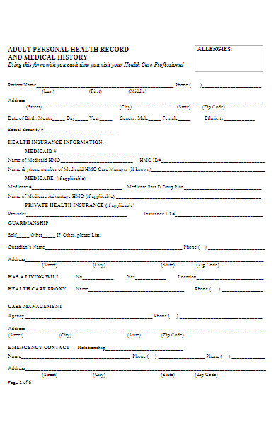 adult personal health record form