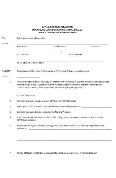 application form for nursing readmission