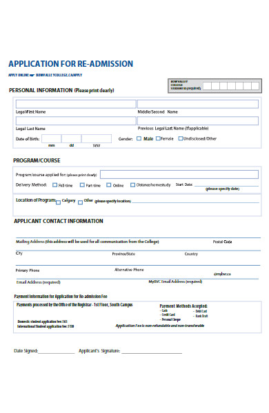 application form for re admission example