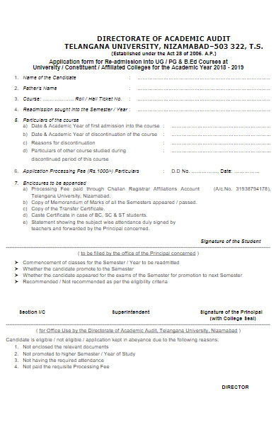 application form for re admission into ug
