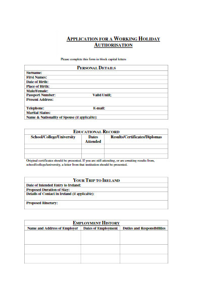application form for a working holiday
