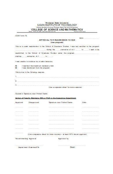 approval form for readmission