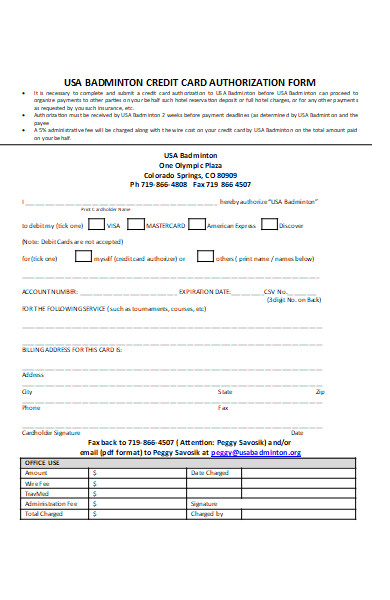 badminton credit card authorization form