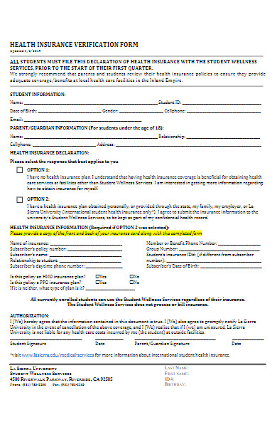 basic health insurance verification form