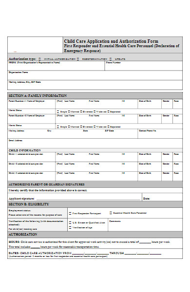 child care application and authorization form