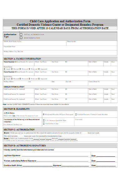 child care authorization application form