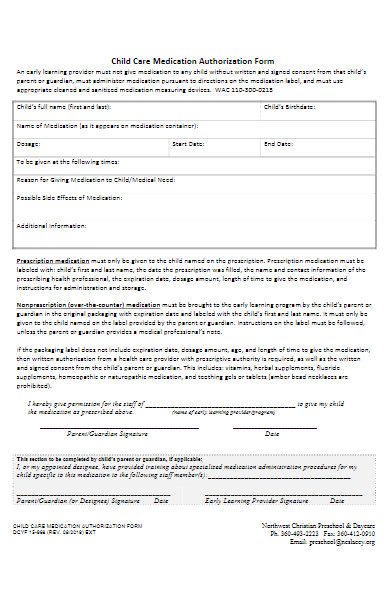child care authorization form for medication