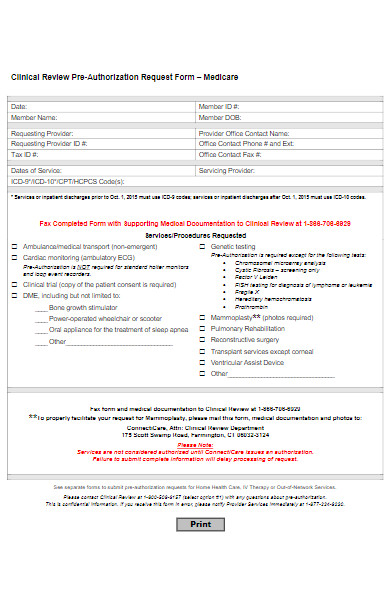 clinical review pre authorization request form