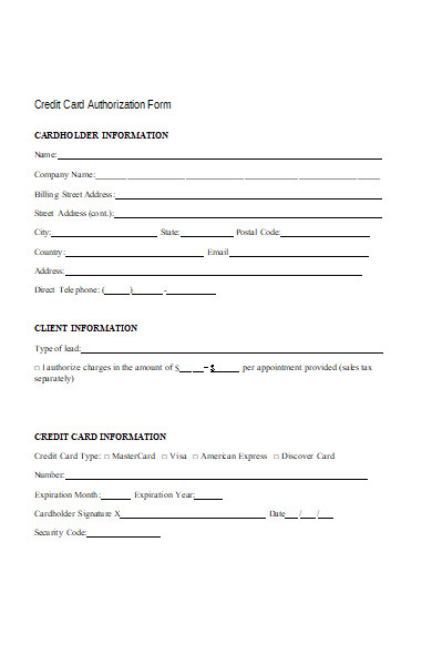 credit card authorization form for client