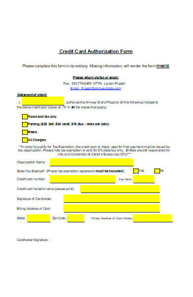 credit card authorization form for hotel