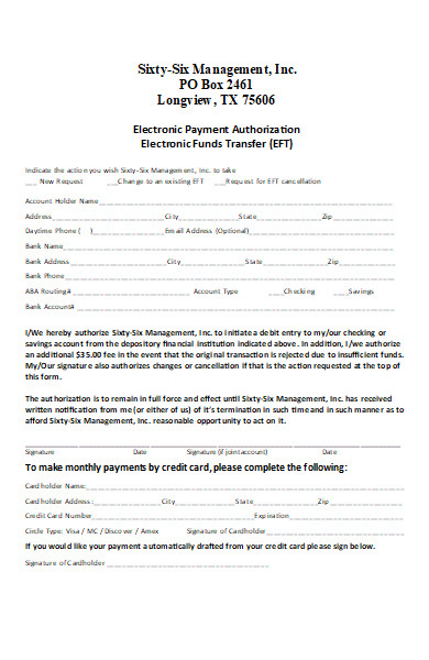 electronic payment transfer authorization form