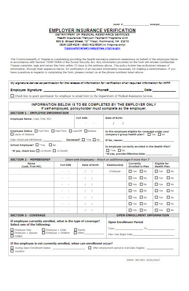 employer medical insurance verification form