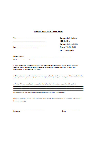 eye care medical records release form