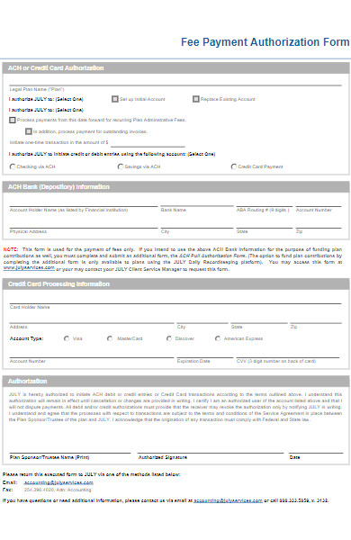 fee payment authorization form
