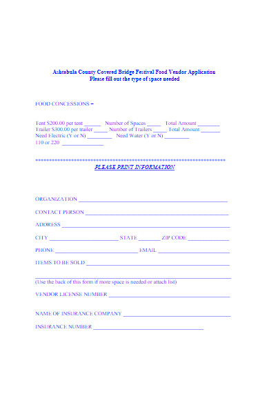 festival food vendor application form sample