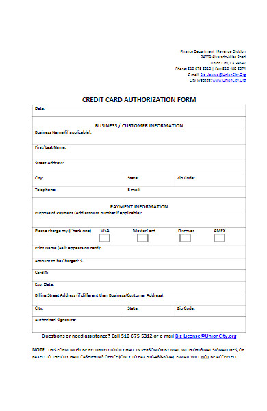 finance department credit card authorization form