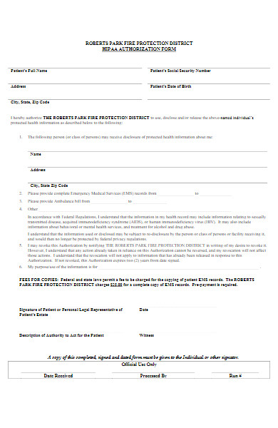 fire protection hipaa authorization form