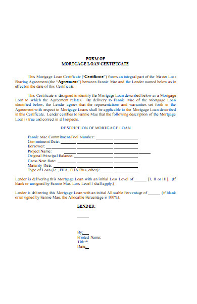 form of mortgage loan certificate