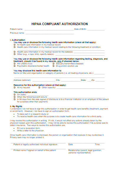 hipaa compliant authorization form sample