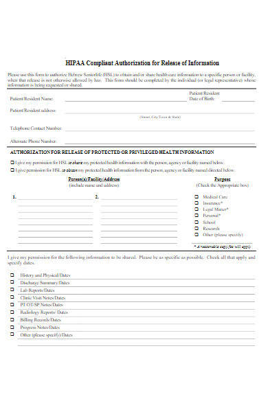 hipaa compliant authorization for release of information form