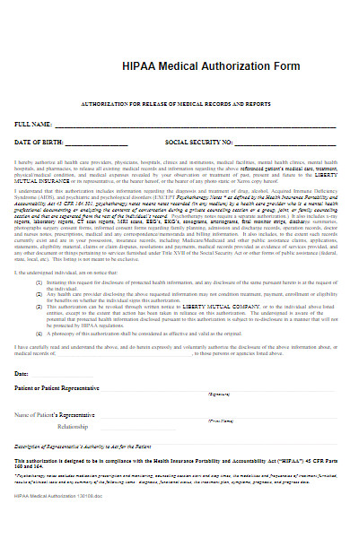 hipaa medical authorization form example