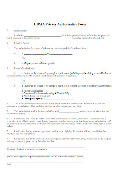 hipaa privacy authorization form format