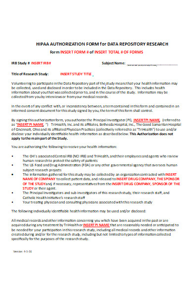 hipaa research authorization form