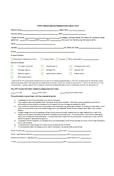 hippa medical records release authorization form