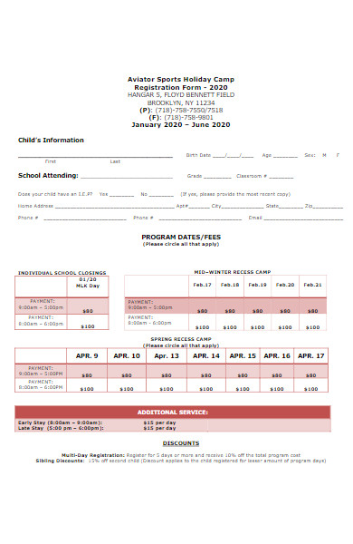 holiday camp application form example