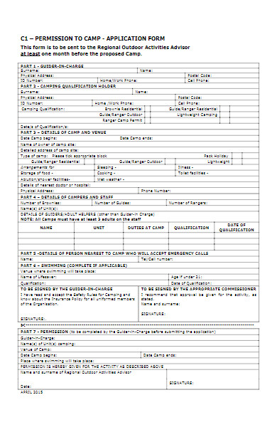 holiday camp permission application form