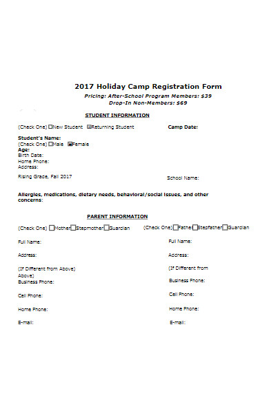 holiday camp registration form