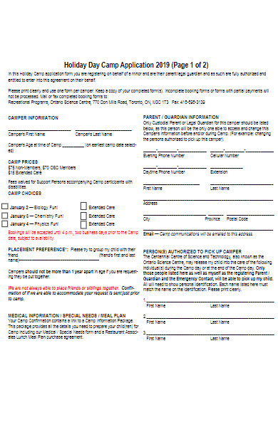 holiday day camp application form