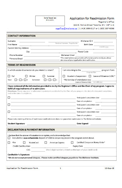 institute application for readmission form