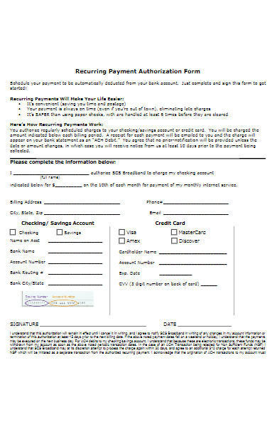 internet services recurring payment authorization form