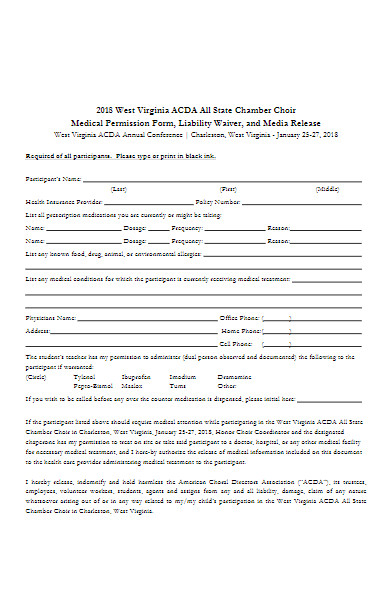 medical permission and liability wavier form