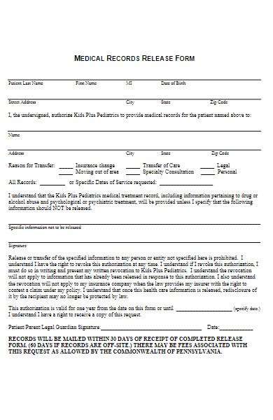 medical records release form example