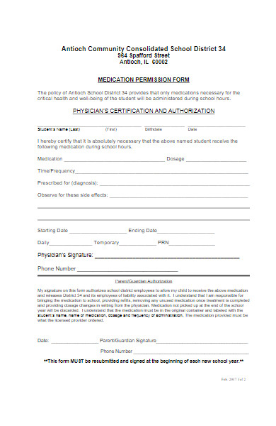 medication permission form in pdf