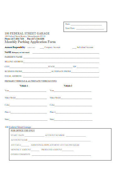 monthly parking application form example
