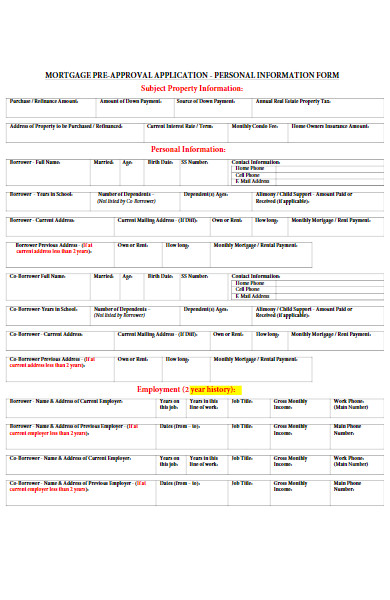 mortgage pre approval loan application form